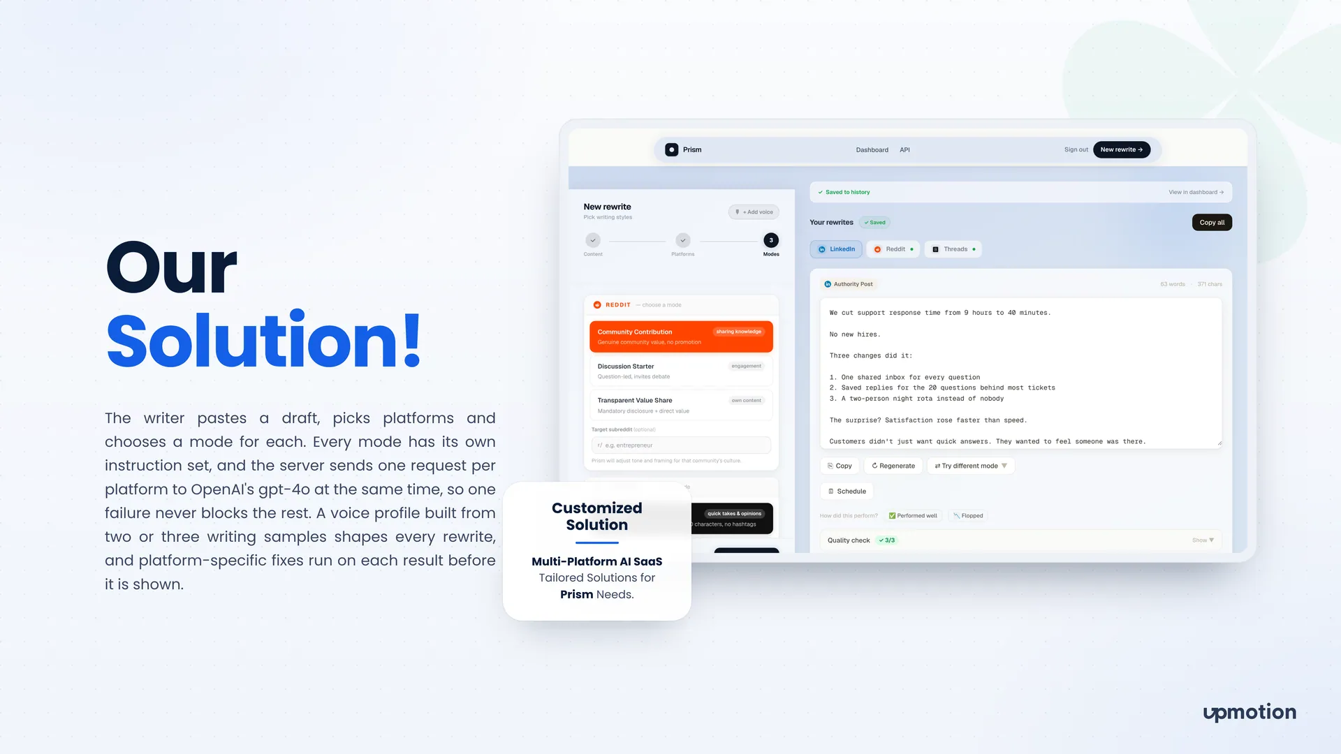 Prism rewrite screen with Reddit writing modes and a LinkedIn authority post output