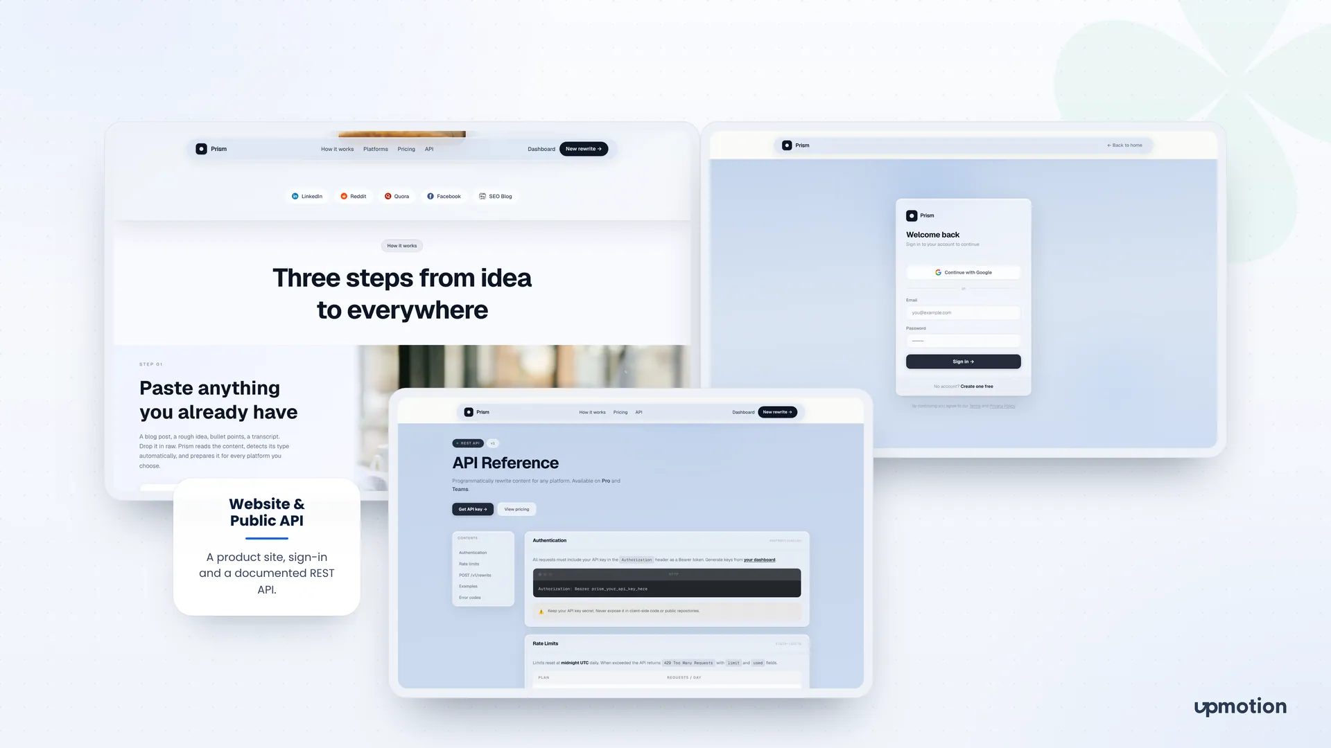 Prism how it works page, Google sign in screen and REST API reference documentation