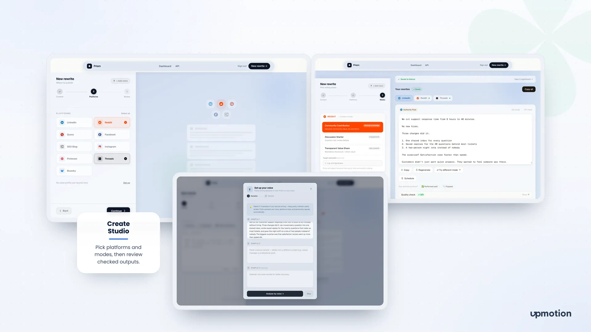 Prism create studio with platform picker, voice setup dialog and quality-checked rewrites