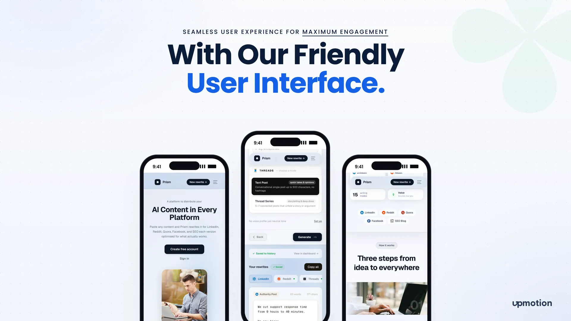 Three Prism mobile screens showing the landing page, Threads modes and rewrite results