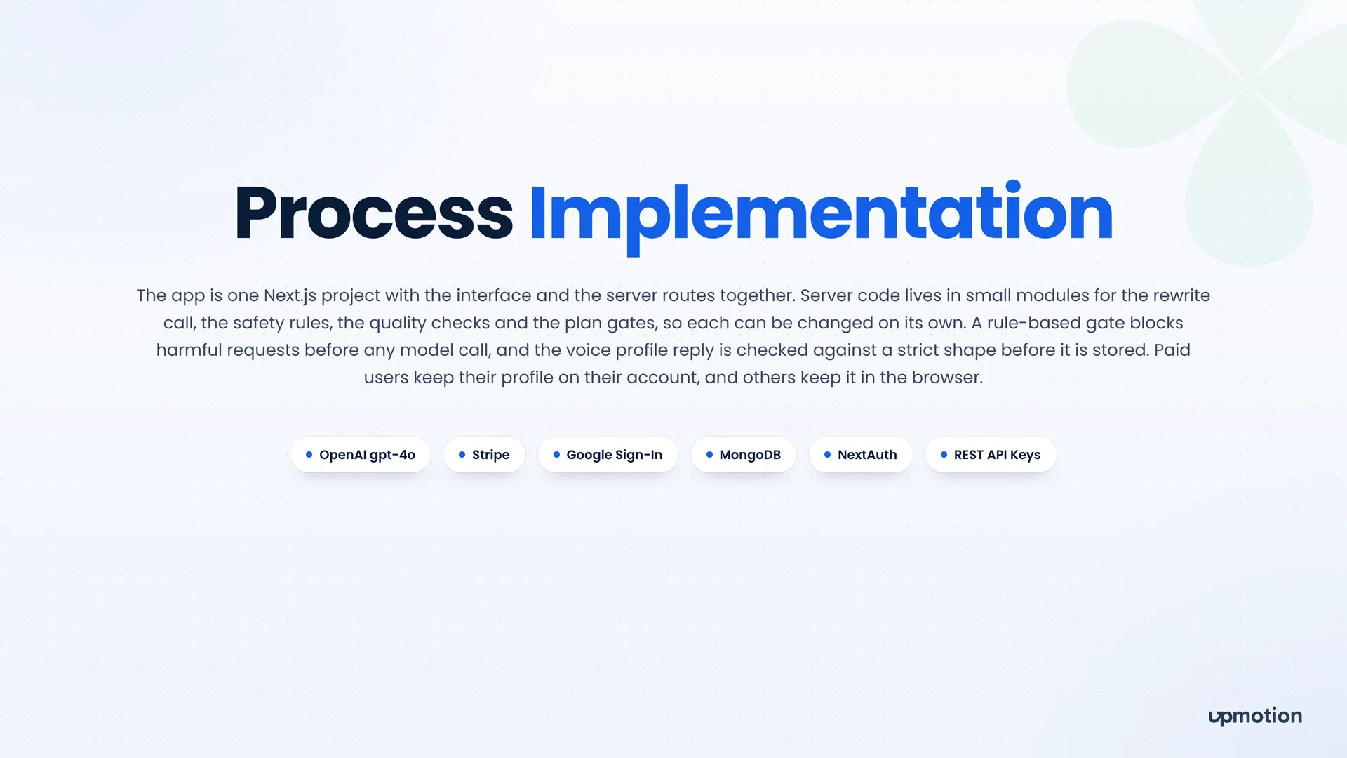 Prism process implementation slide listing gpt-4o, Stripe, MongoDB, NextAuth and Google Sign-In
