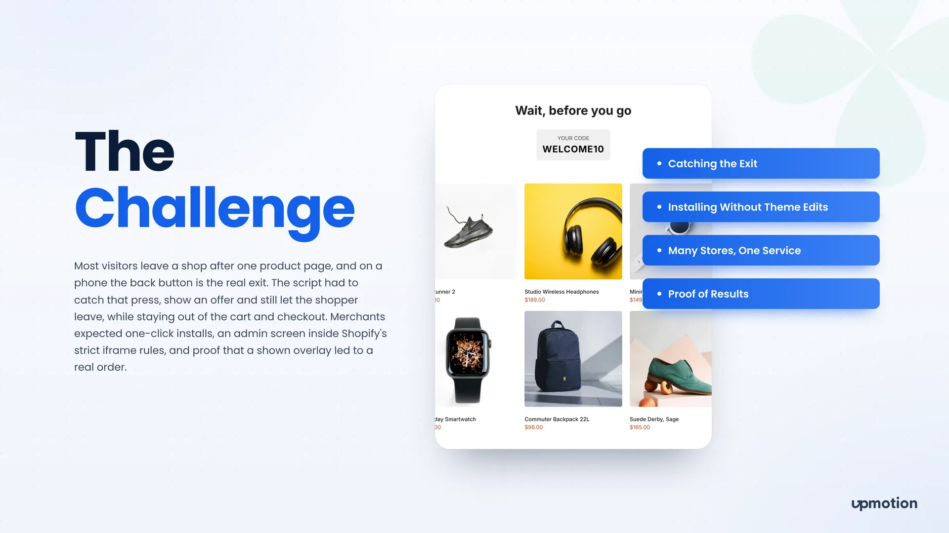 Rebound wait before you go overlay with coupon code and product grid beside key challenges