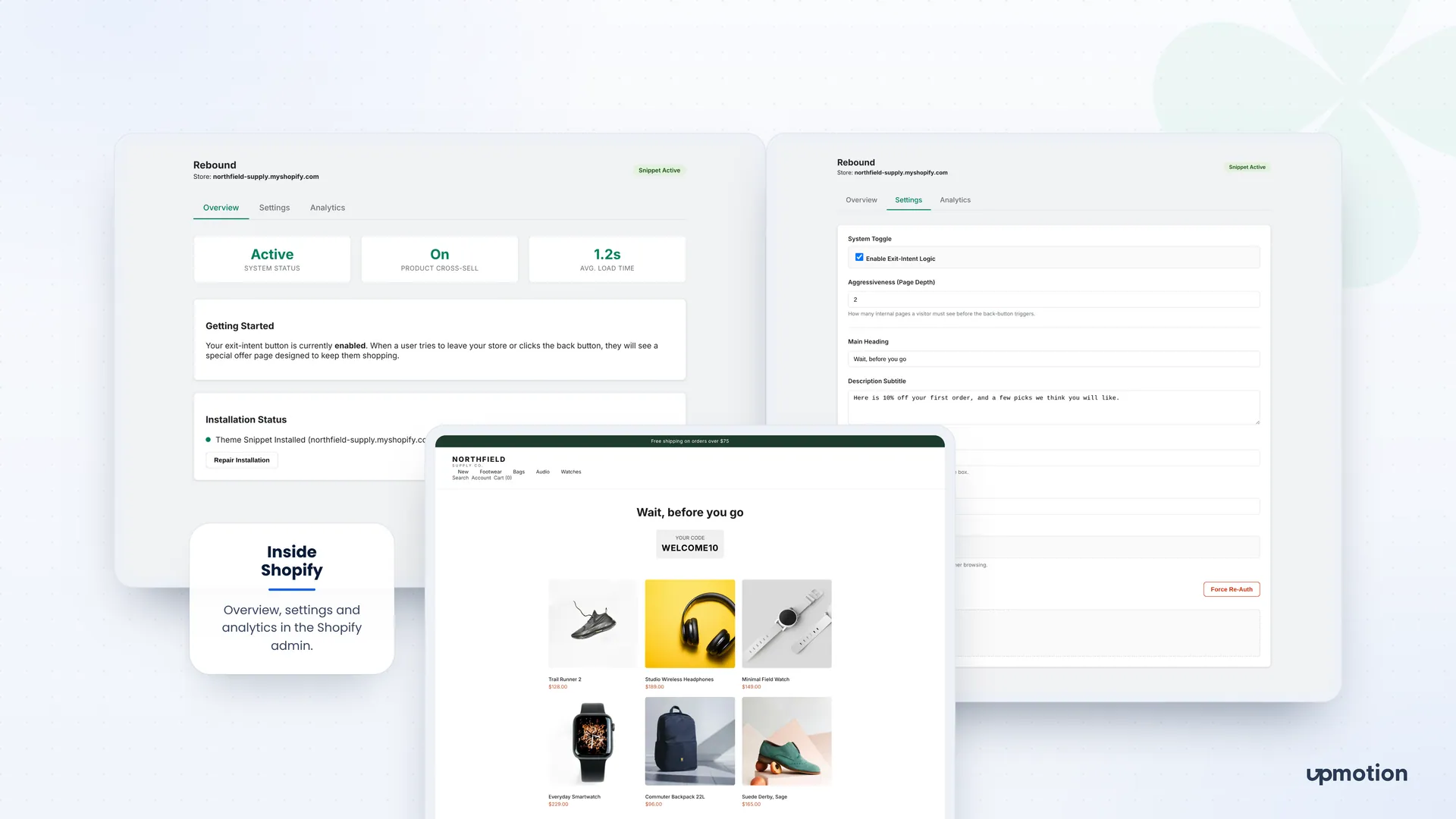 Rebound embedded Shopify admin overview and settings tabs with page depth control