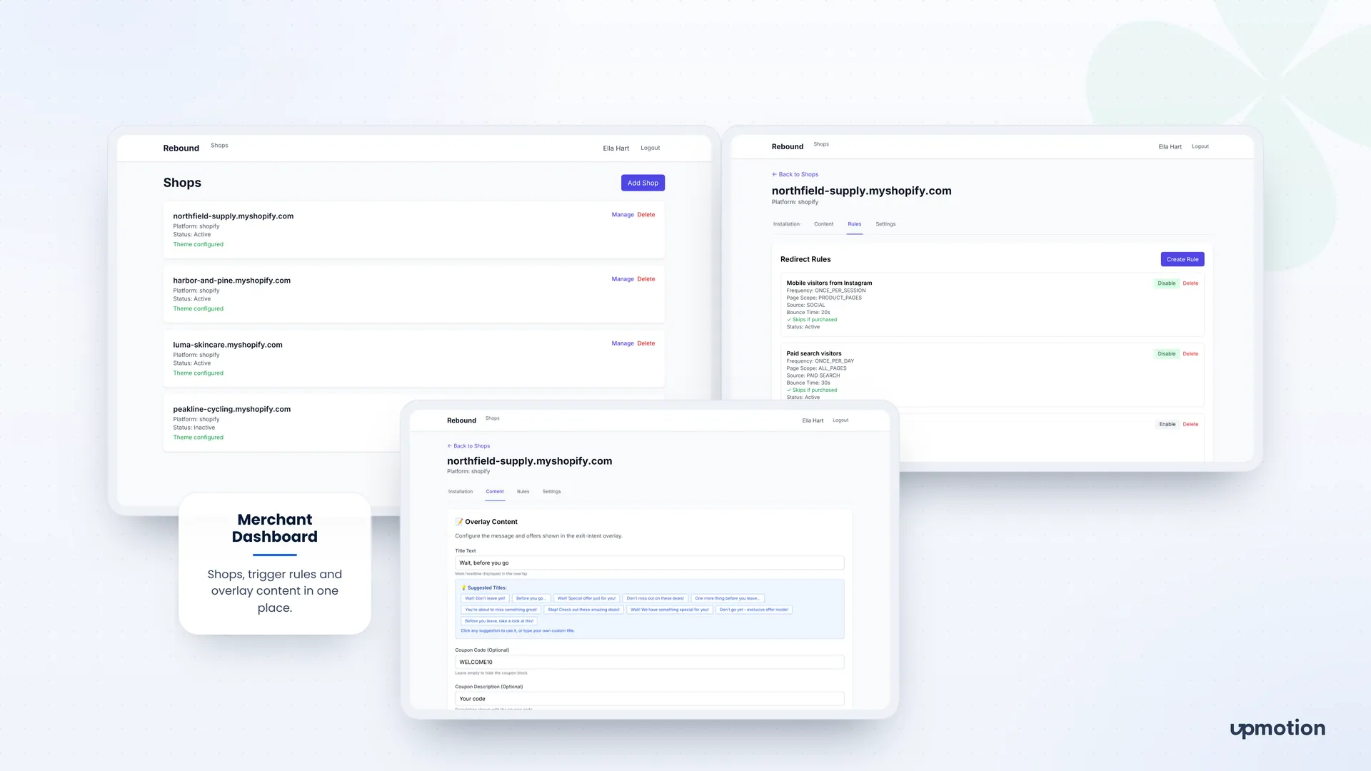 Rebound merchant dashboard showing shops list, redirect rules and overlay content editor