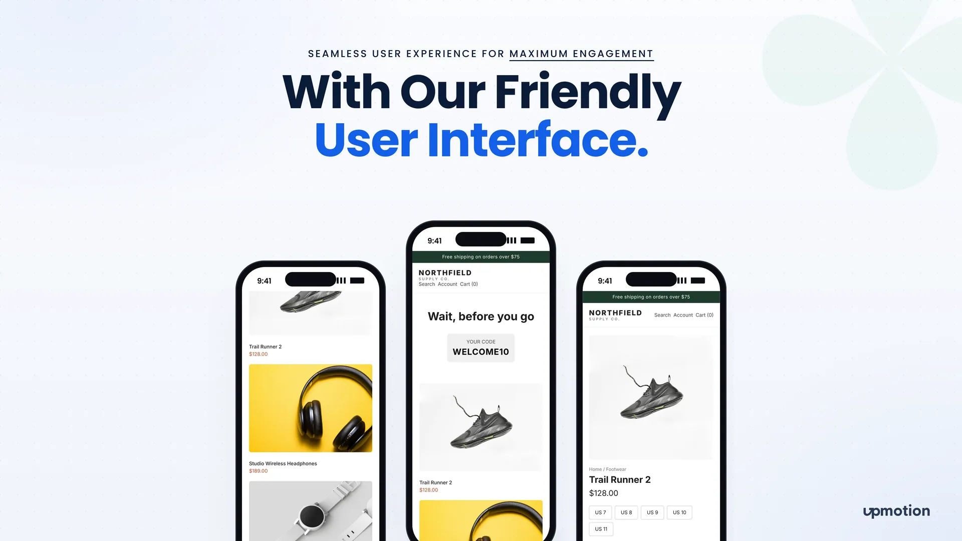 Three mobile screens of a Shopify store showing the Rebound exit offer and product pages