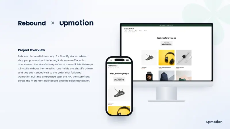 Rebound exit-intent offer with WELCOME10 coupon on a Shopify storefront on desktop and phone