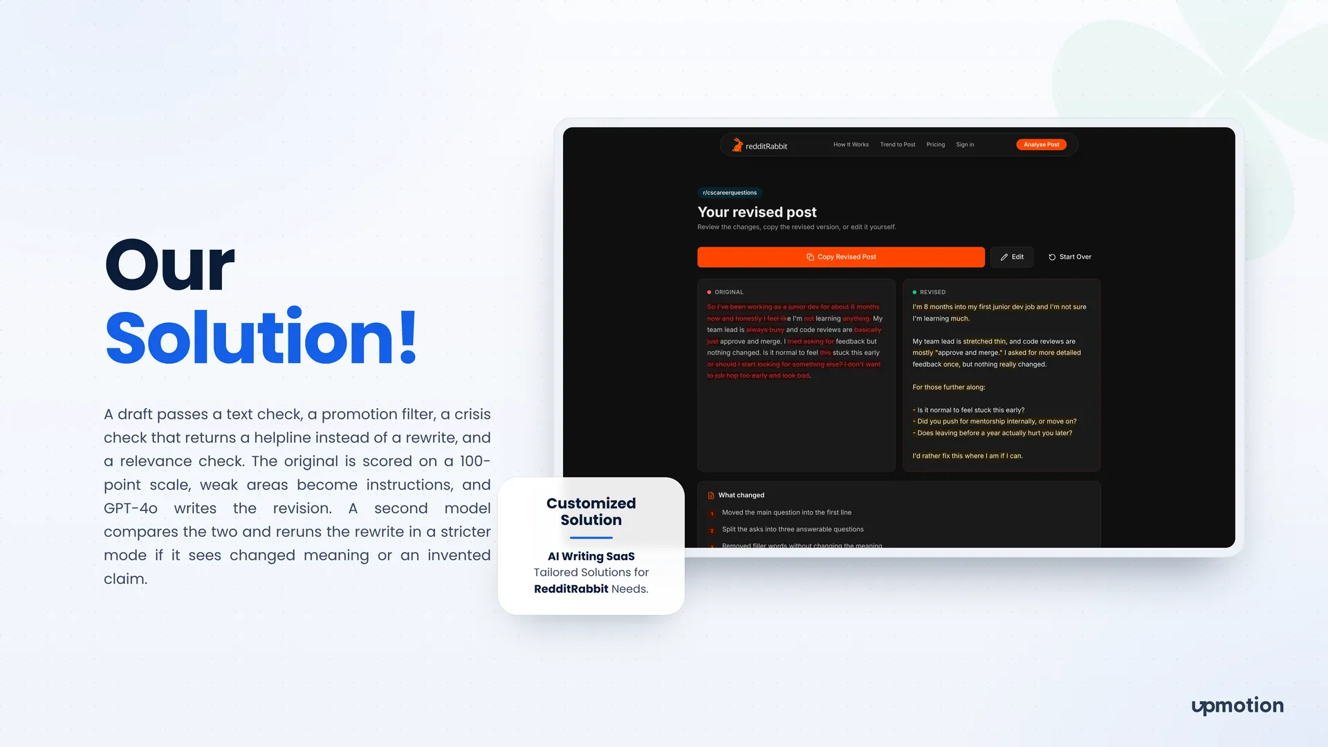RedditRabbit revised post screen with original and rewritten text side by side