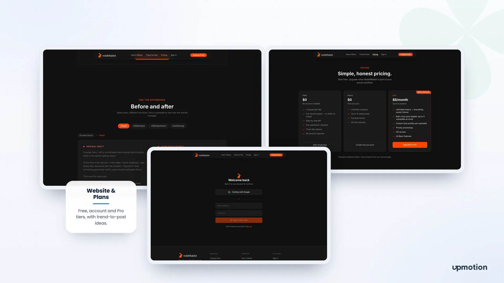 RedditRabbit before and after page, Free, Basic and Pro pricing, and sign in screen