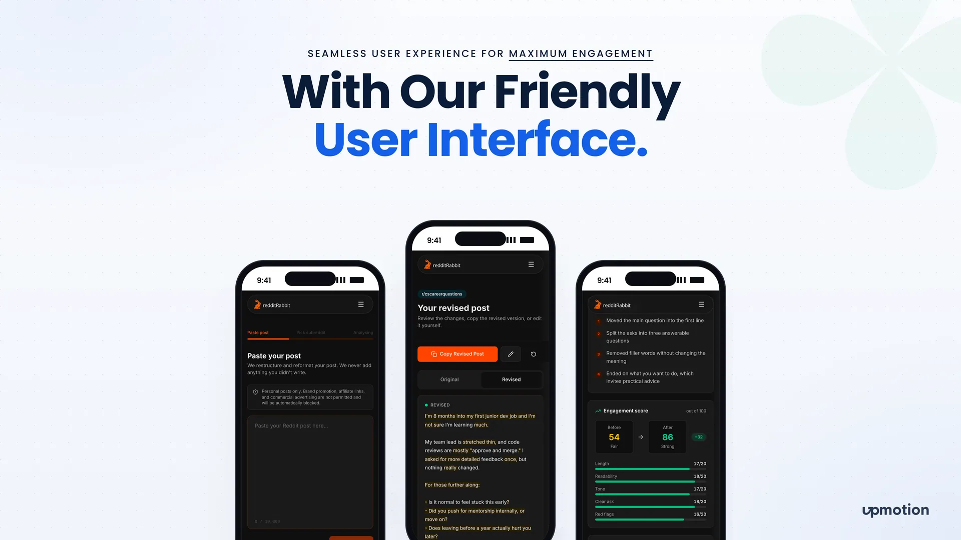 Three RedditRabbit mobile screens showing paste post, revised post and engagement score