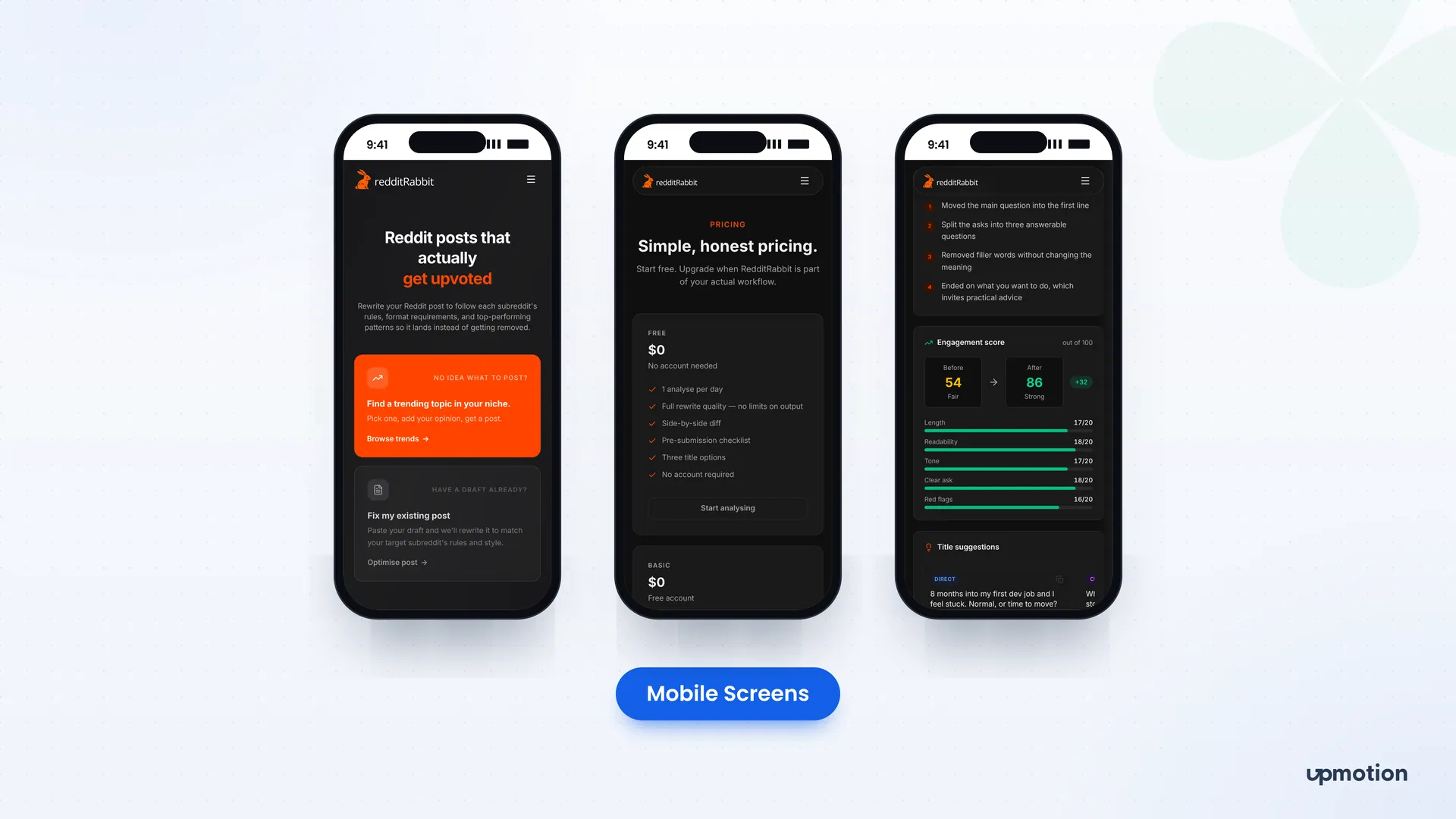 RedditRabbit mobile landing page, pricing plans and analysis results screens