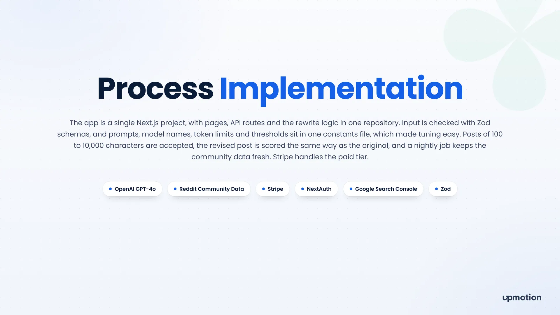 RedditRabbit process implementation slide listing GPT-4o, Stripe, NextAuth and Zod