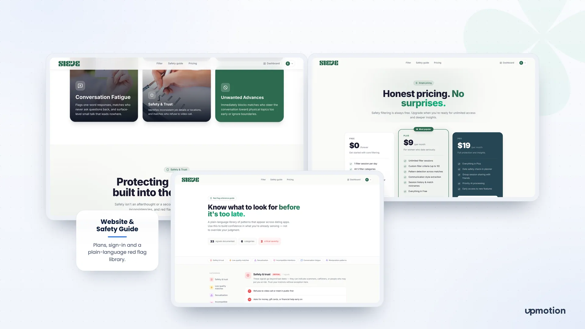 Sieve marketing site, Free, Plus and Pro pricing, and red flag reference guide