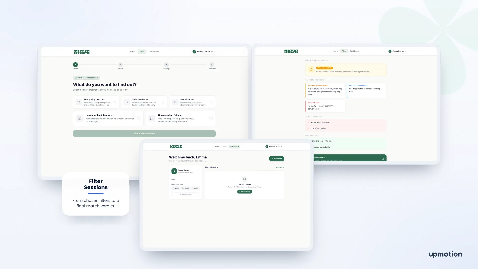 Sieve filter session with five filter categories, match summary and user dashboard
