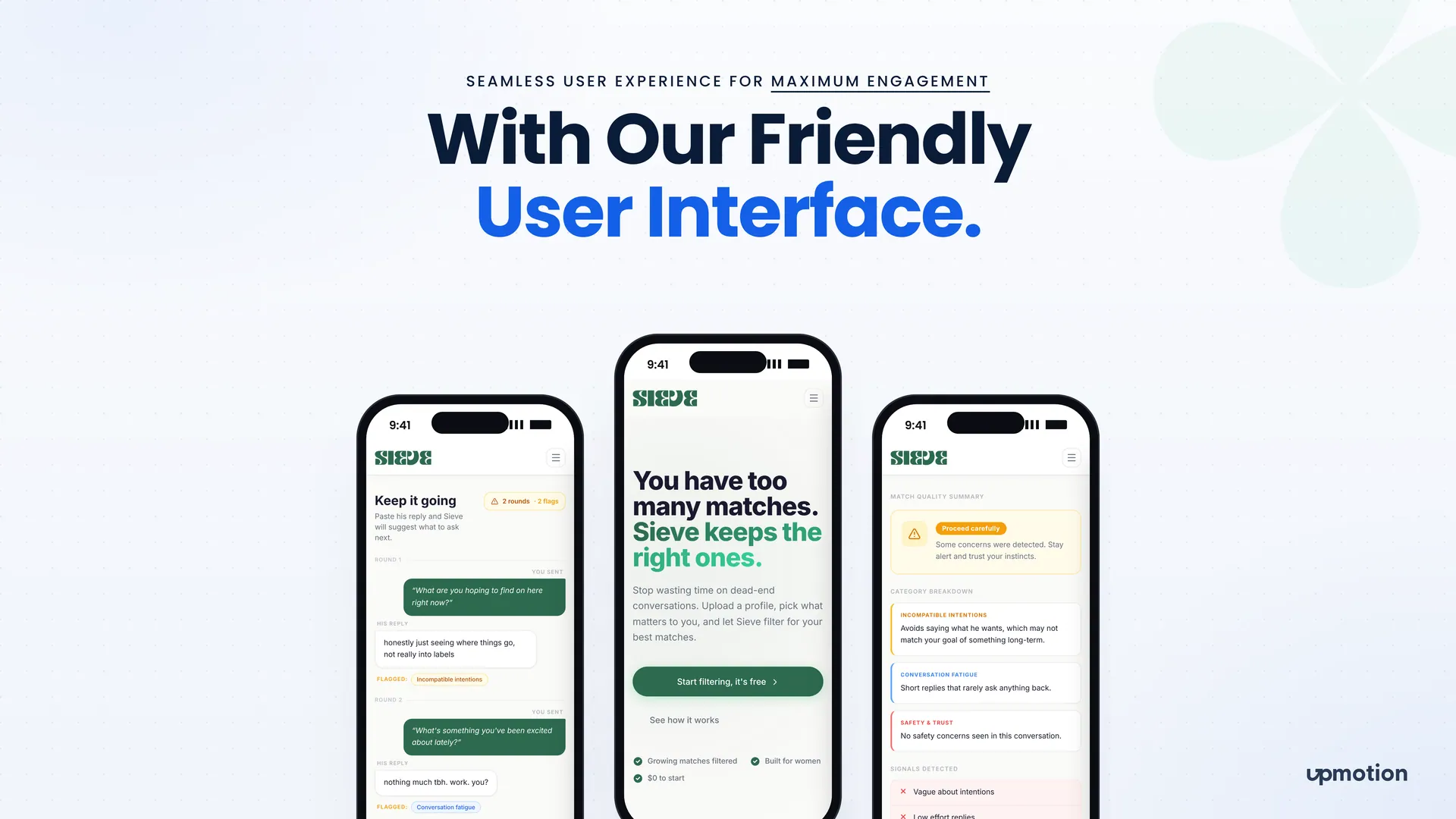 Three Sieve mobile screens showing conversation rounds, landing page and match summary