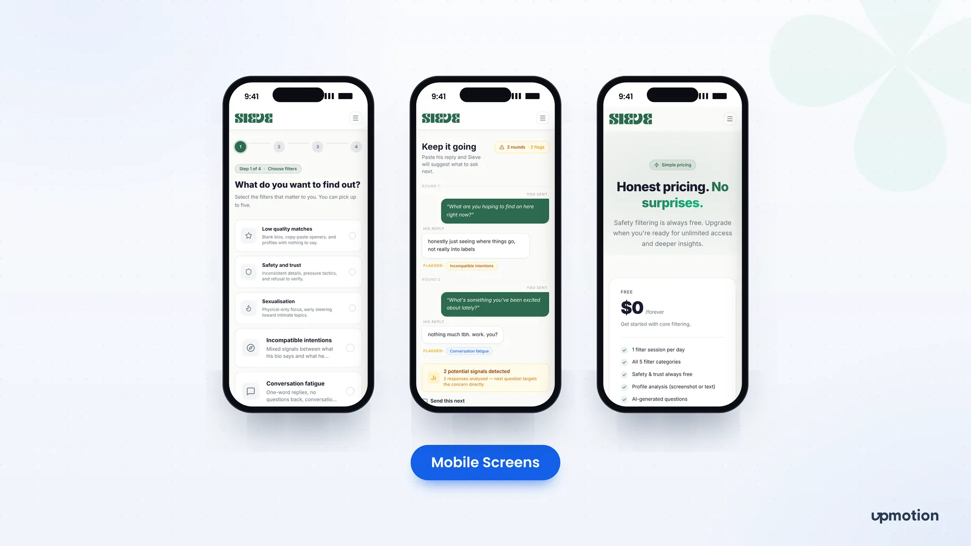 Sieve mobile filter selection, conversation analysis and free plan pricing screens