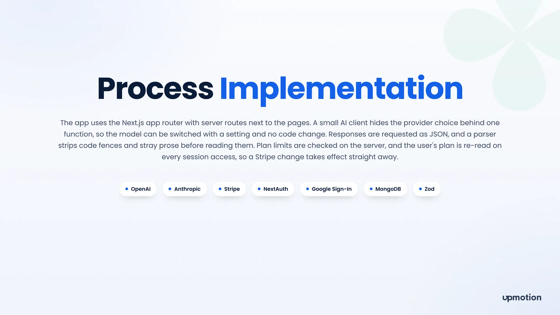 Sieve process implementation slide listing OpenAI, Anthropic, Stripe, NextAuth and MongoDB