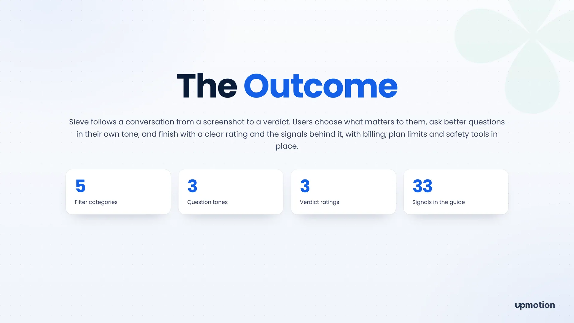 Sieve outcome slide with five filter categories, three tones and 33 guide signals