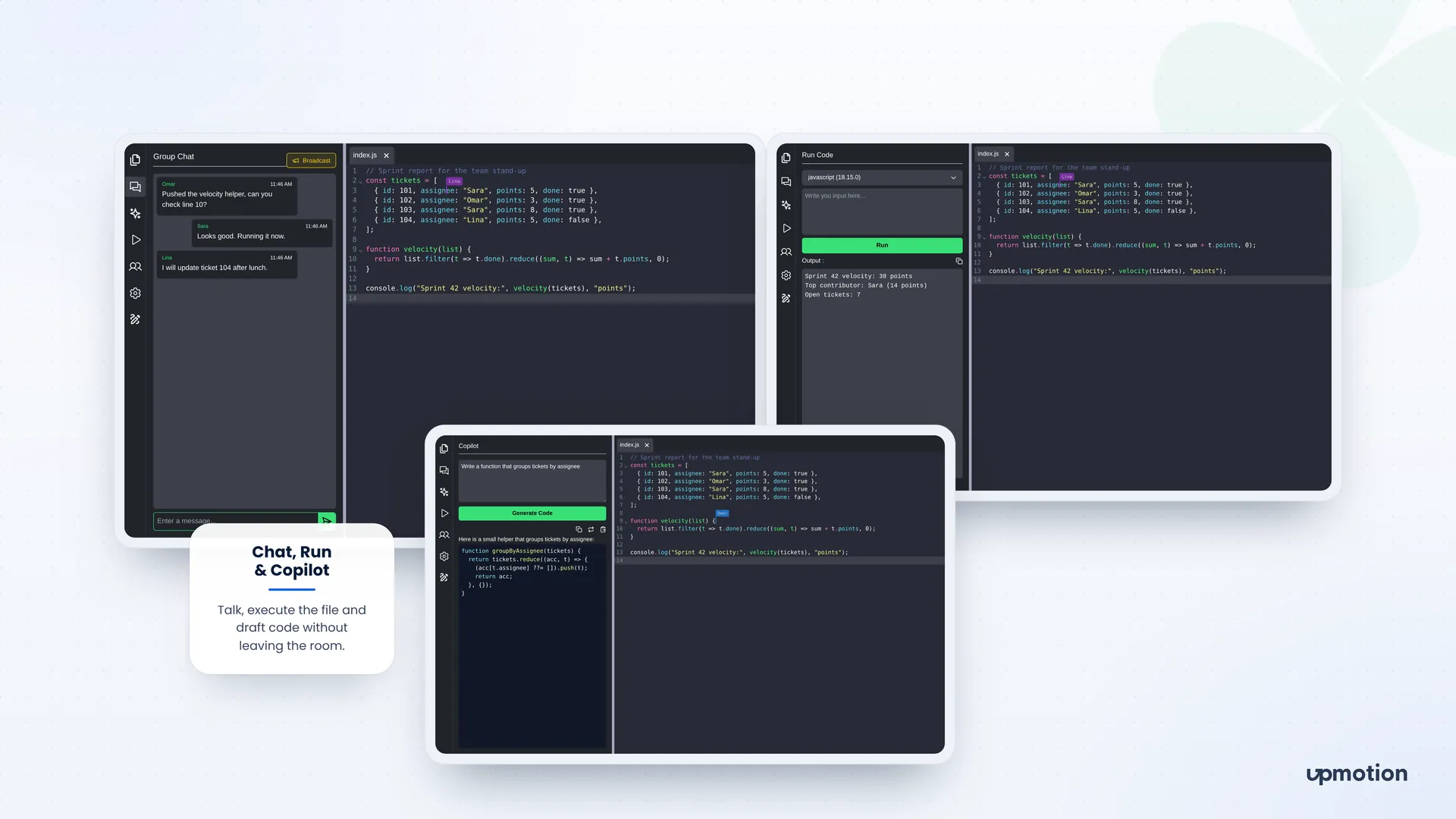 Syncroom group chat, run code output panel and AI copilot generating a JavaScript function