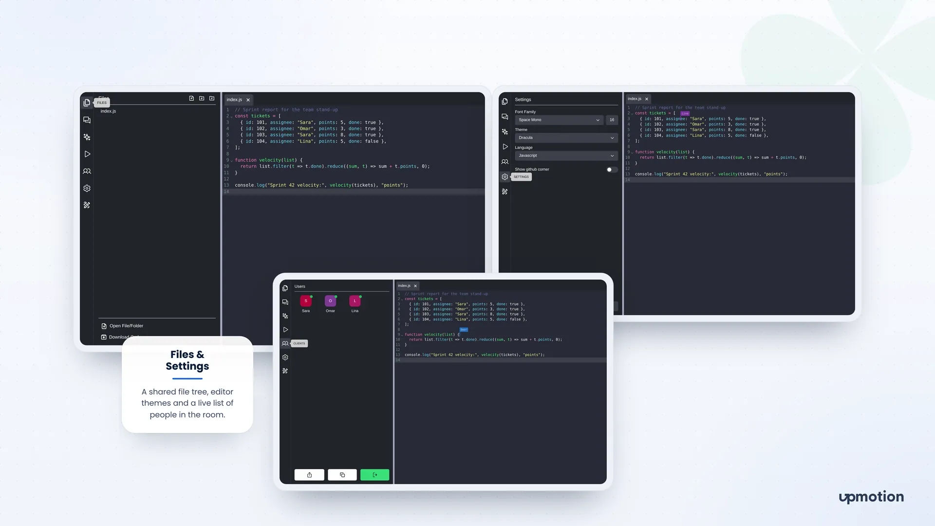 Syncroom shared file tree, editor settings for font and theme, and live users list