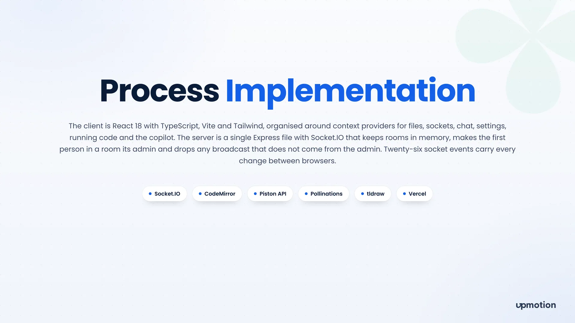 Syncroom process slide listing Socket.IO, CodeMirror, Piston API, Pollinations, tldraw and Vercel