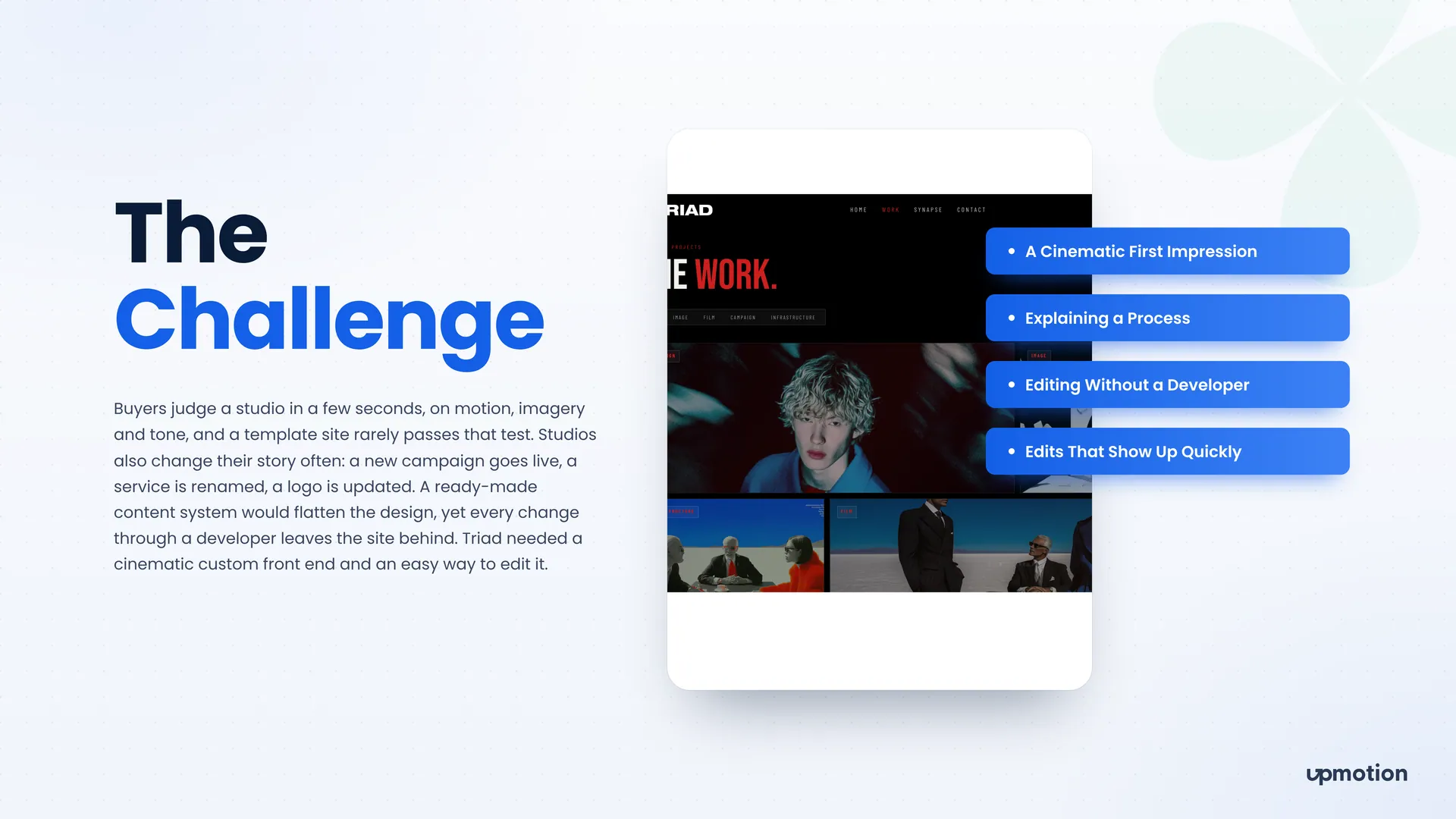 Triad Work page with campaign, image and film projects beside the four challenge points