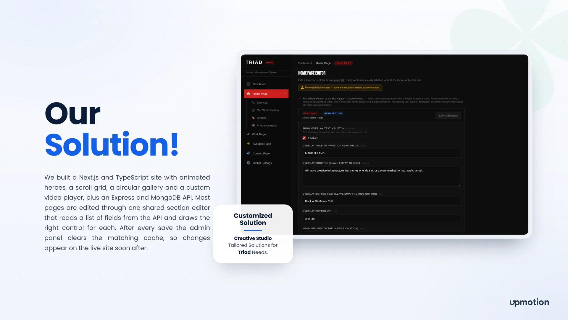 Triad admin panel home page editor with hero overlay title, subtitle and button fields