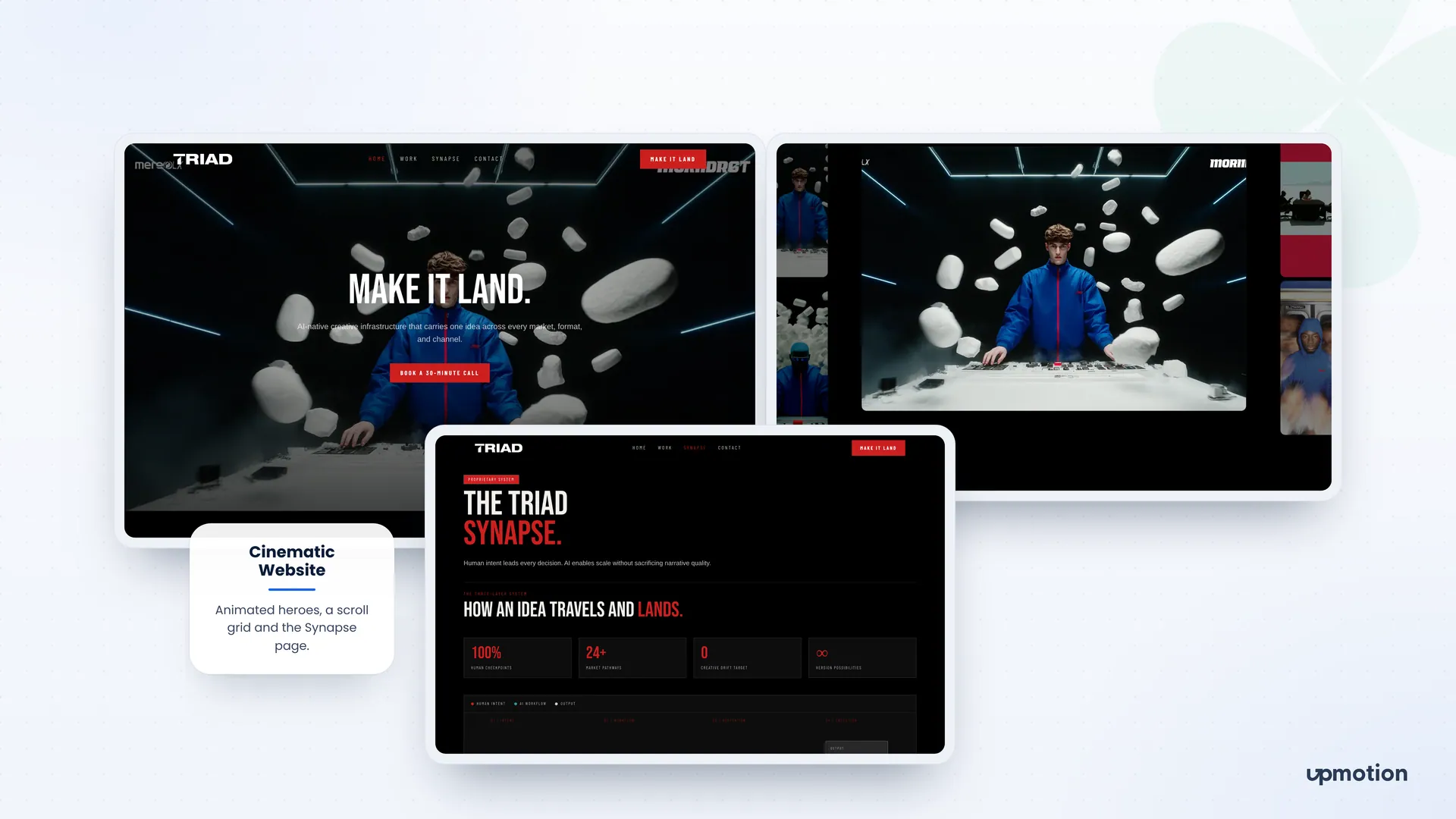 Triad home page hero, video gallery and Synapse page explaining how an idea travels and lands