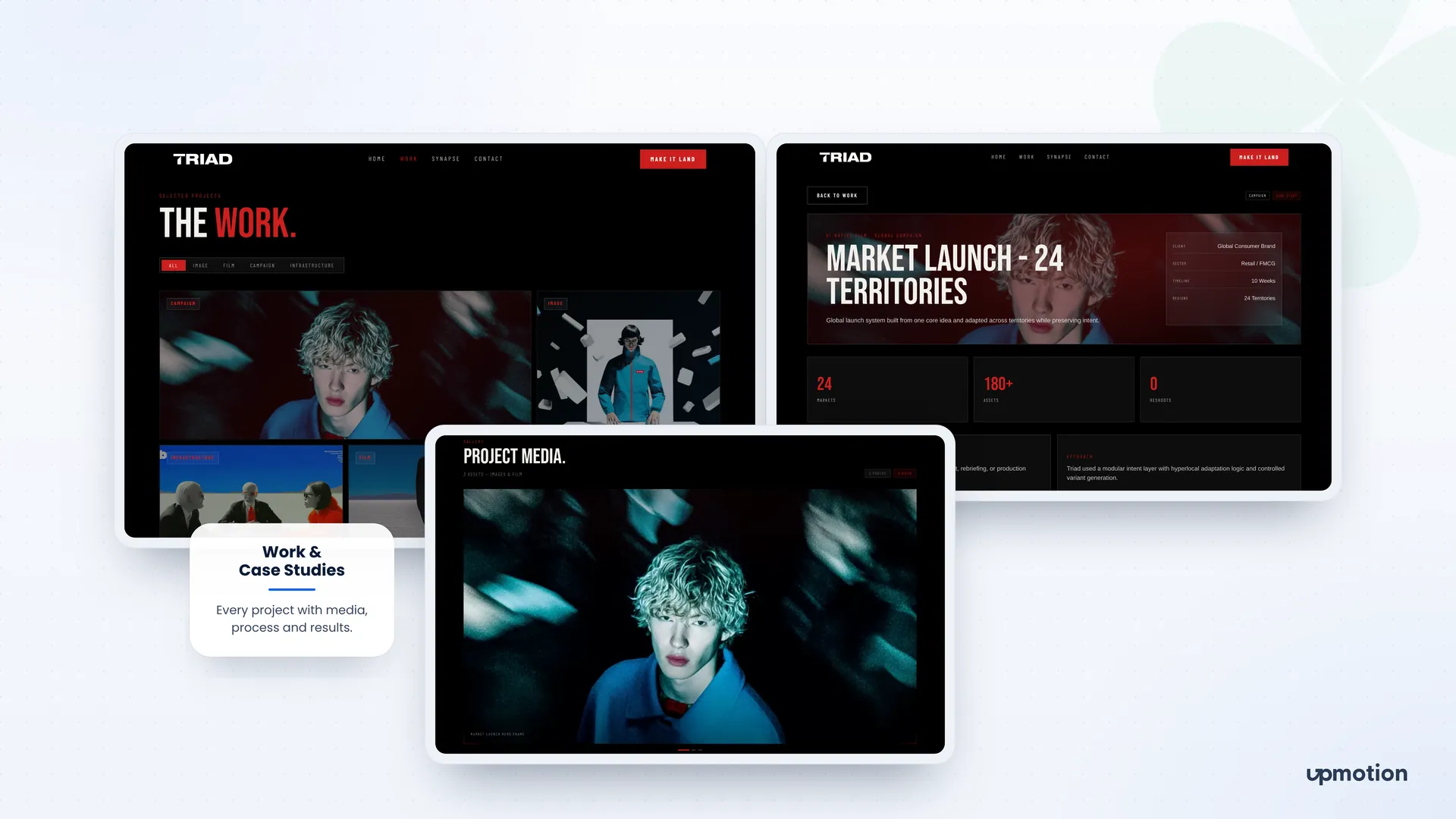 Triad Work page filters, a market launch case study page and the project media gallery