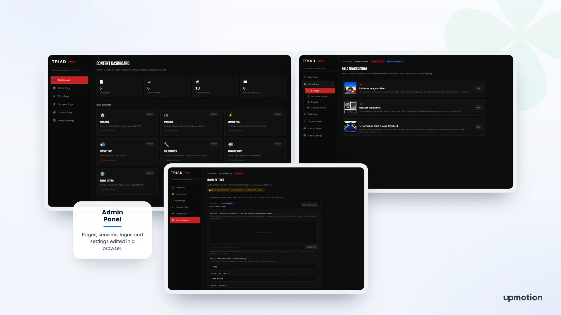 Triad admin content dashboard, build services editor and global settings for the site header