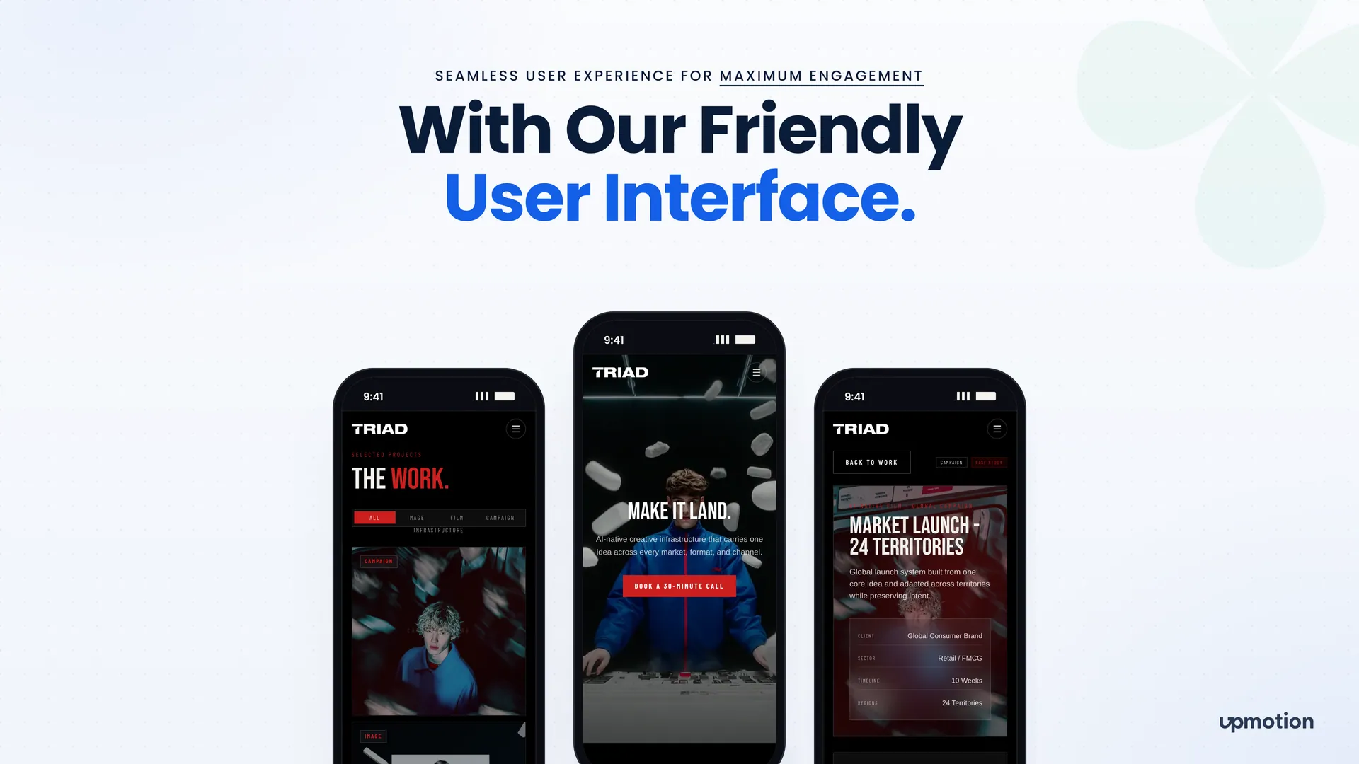 Triad mobile screens showing the Work page, home hero and a case study with client facts