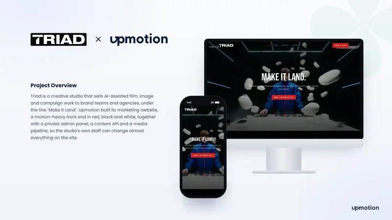 Triad creative studio website hero with the Make It Land headline on desktop and mobile