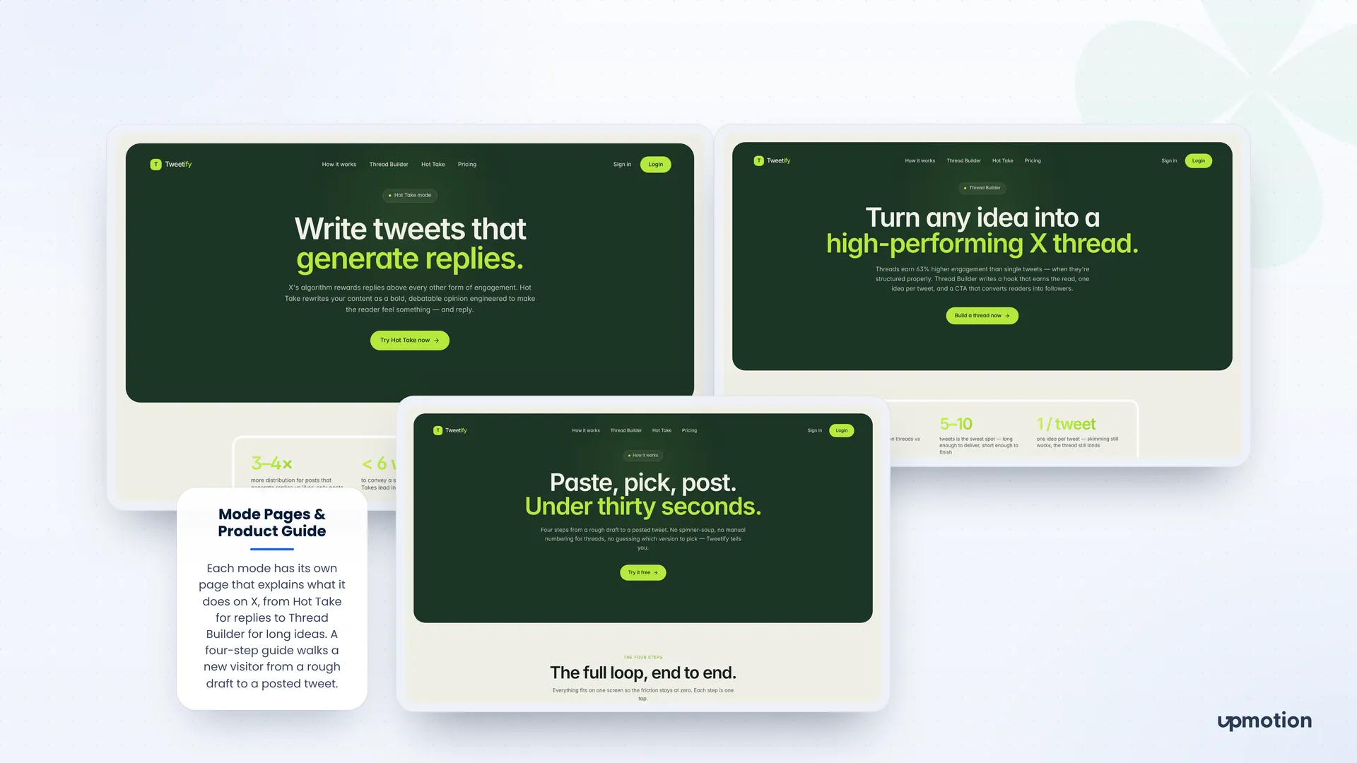 Tweetify Hot Take mode, Thread Builder and How it works marketing pages