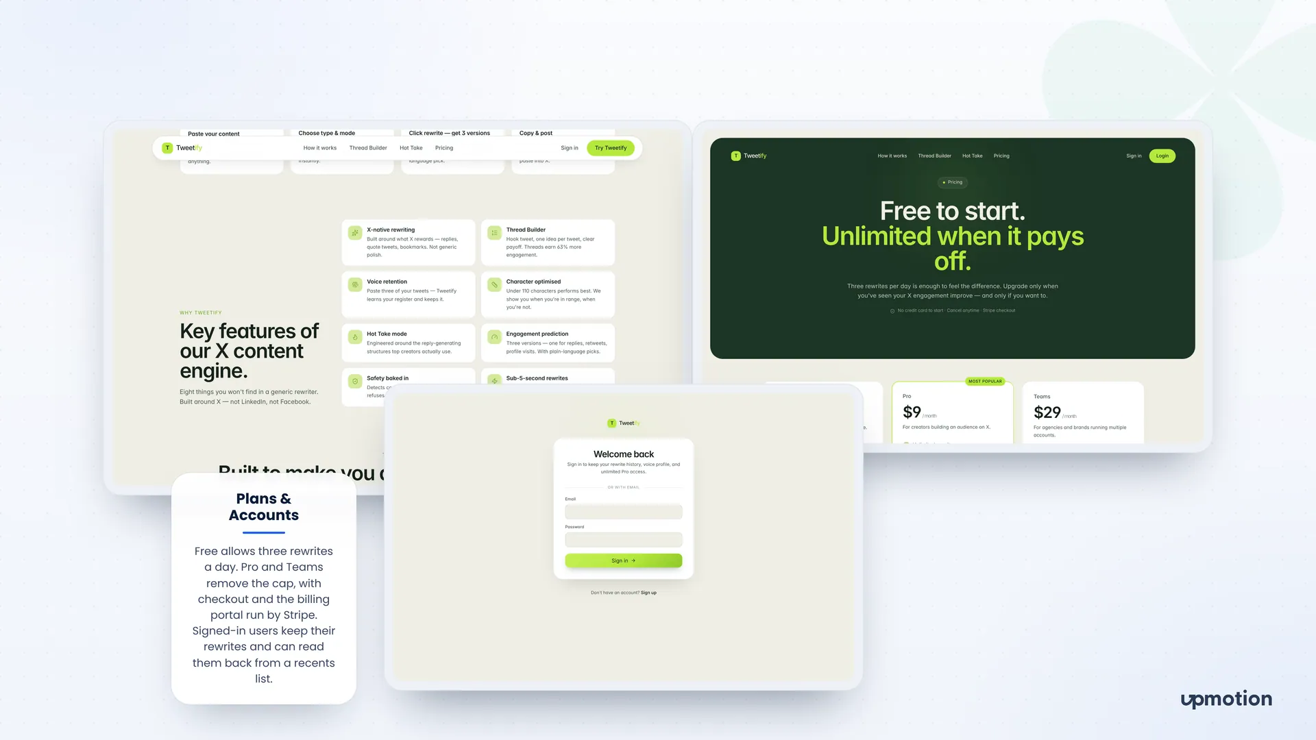 Tweetify key features page, Pro and Teams pricing plans and the sign-in screen