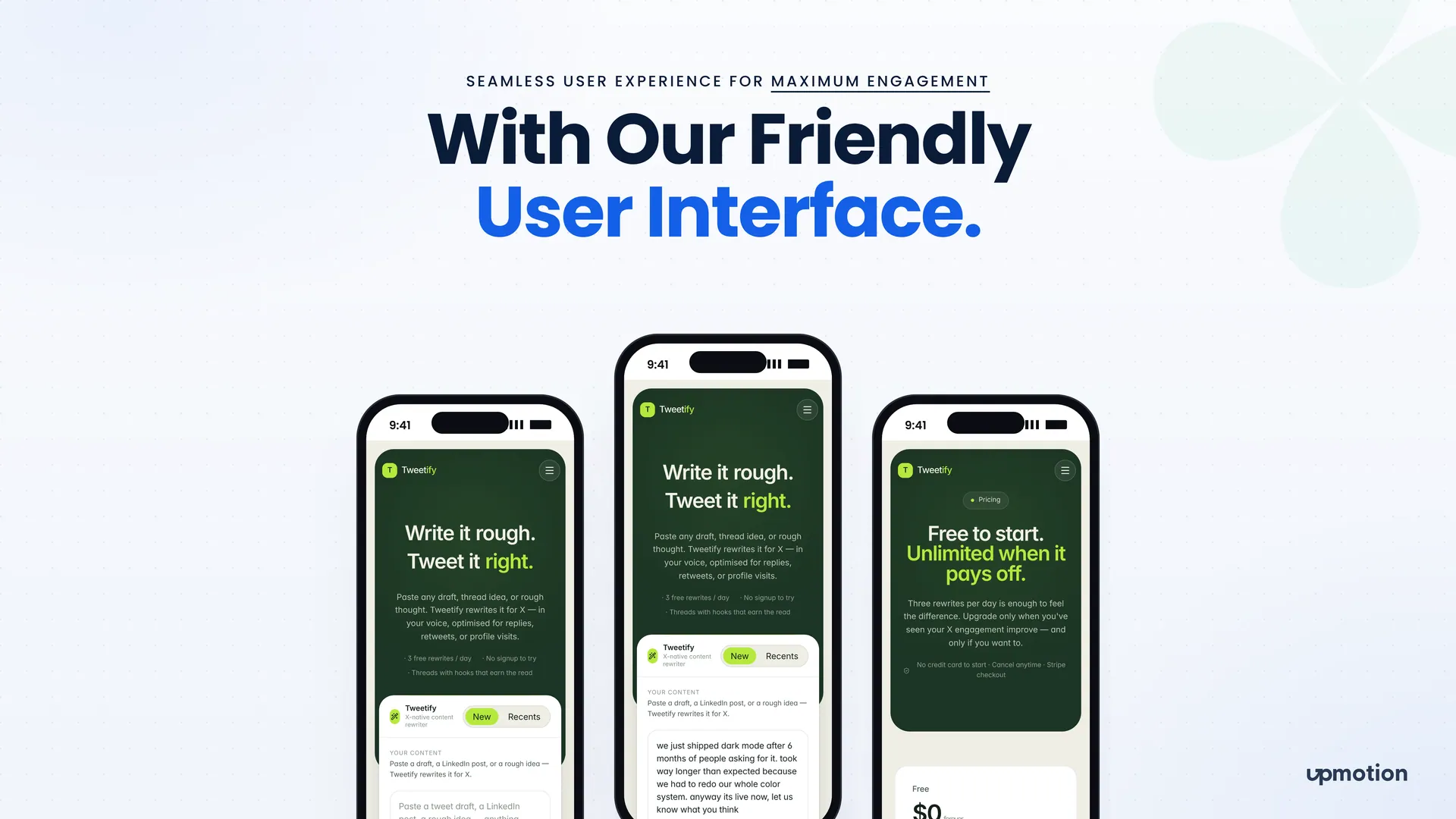 Three phone screens of the Tweetify mobile home page, rewrite box and pricing
