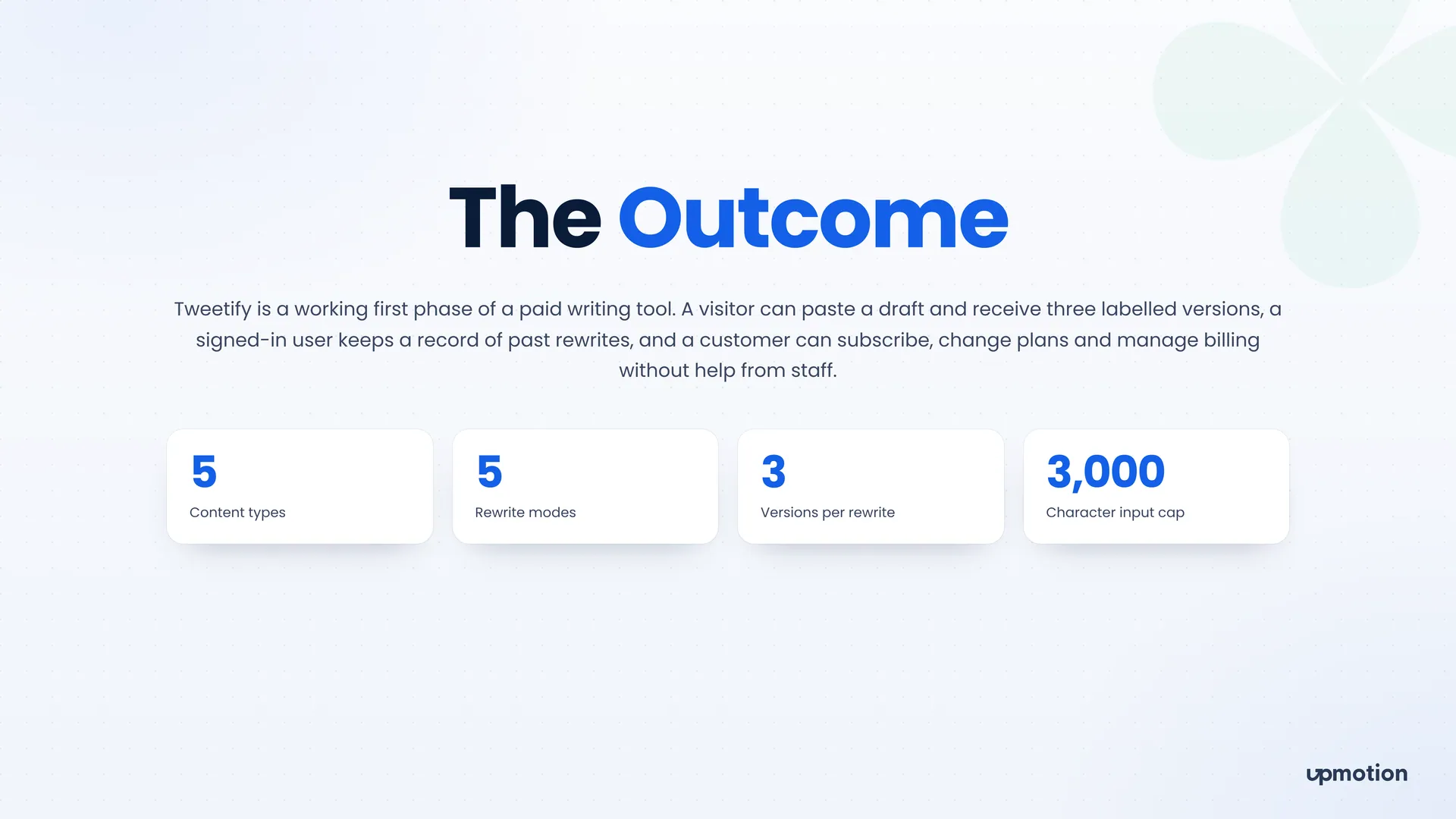 Tweetify outcome slide with 5 content types, 5 modes, 3 versions and 3,000 characters