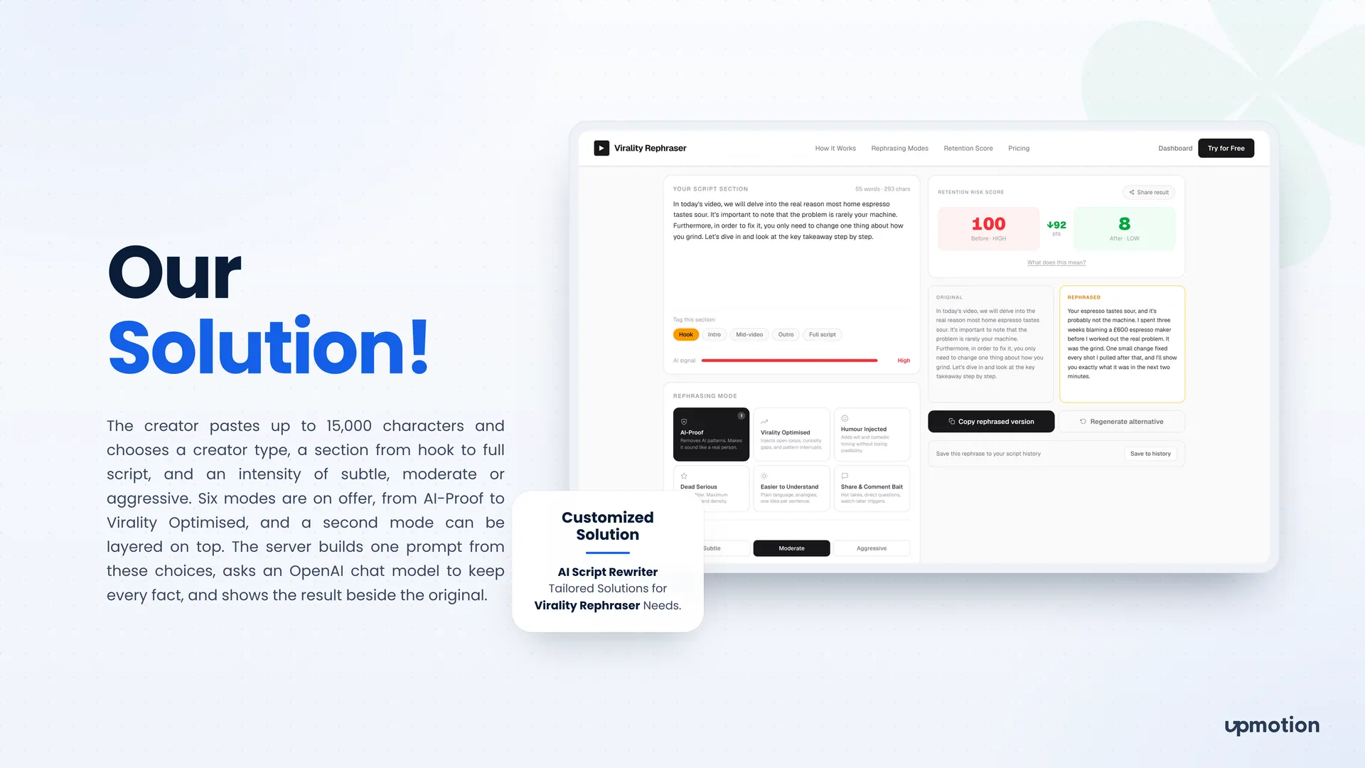 Virality Rephraser desktop tool with script section tags, six modes and Retention Risk Score