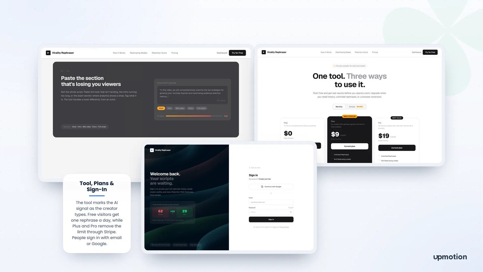 Virality Rephraser section explainer, Free, Plus and Pro pricing, and Google sign-in screen