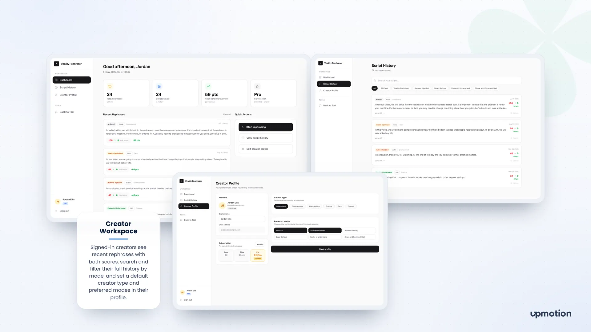 Virality Rephraser creator dashboard, searchable script history and creator profile settings