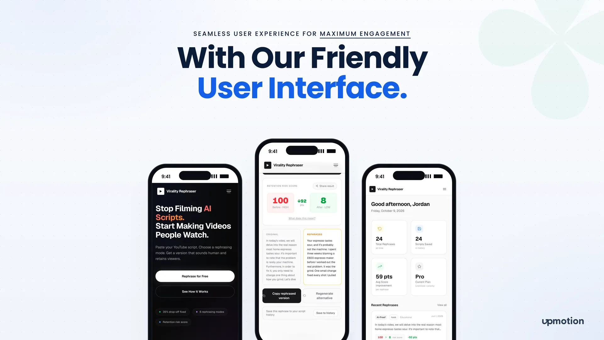 Virality Rephraser mobile home page, rewrite result and creator dashboard on three phones