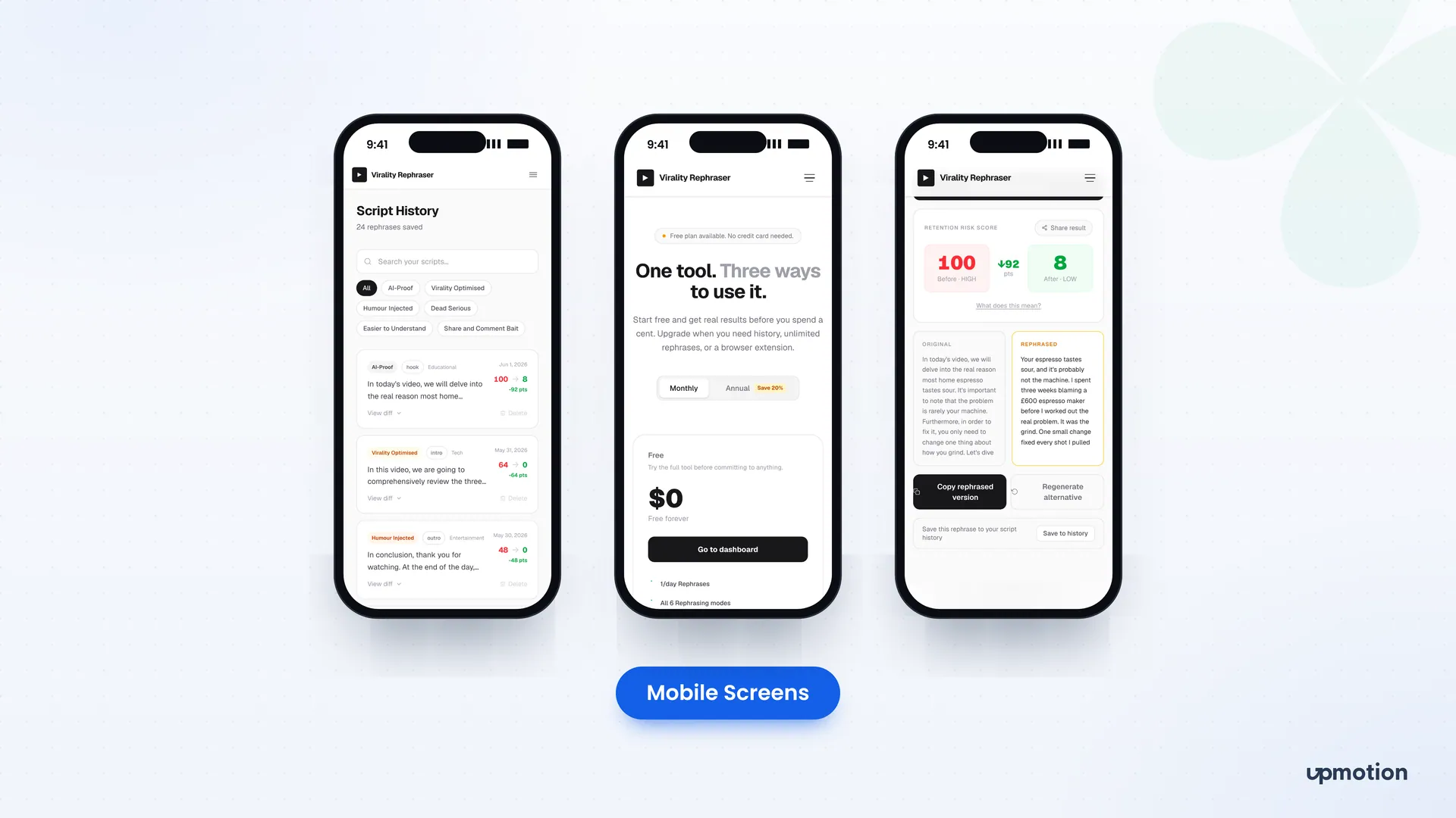 Virality Rephraser mobile script history, pricing page and before and after score screen
