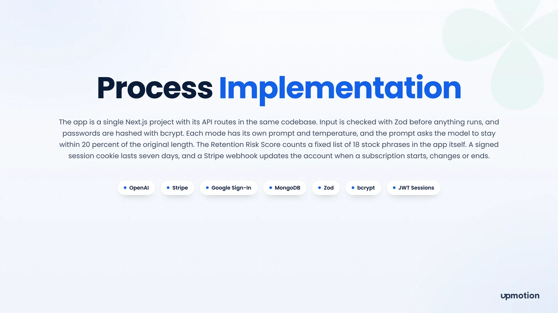 Virality Rephraser process slide listing OpenAI, Stripe, MongoDB, Zod, bcrypt and JWT sessions