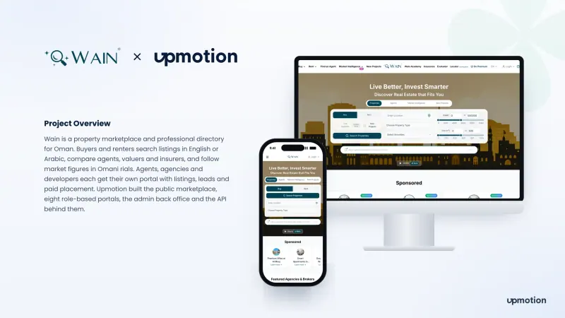 Wain Oman property marketplace home page on desktop and mobile with property search