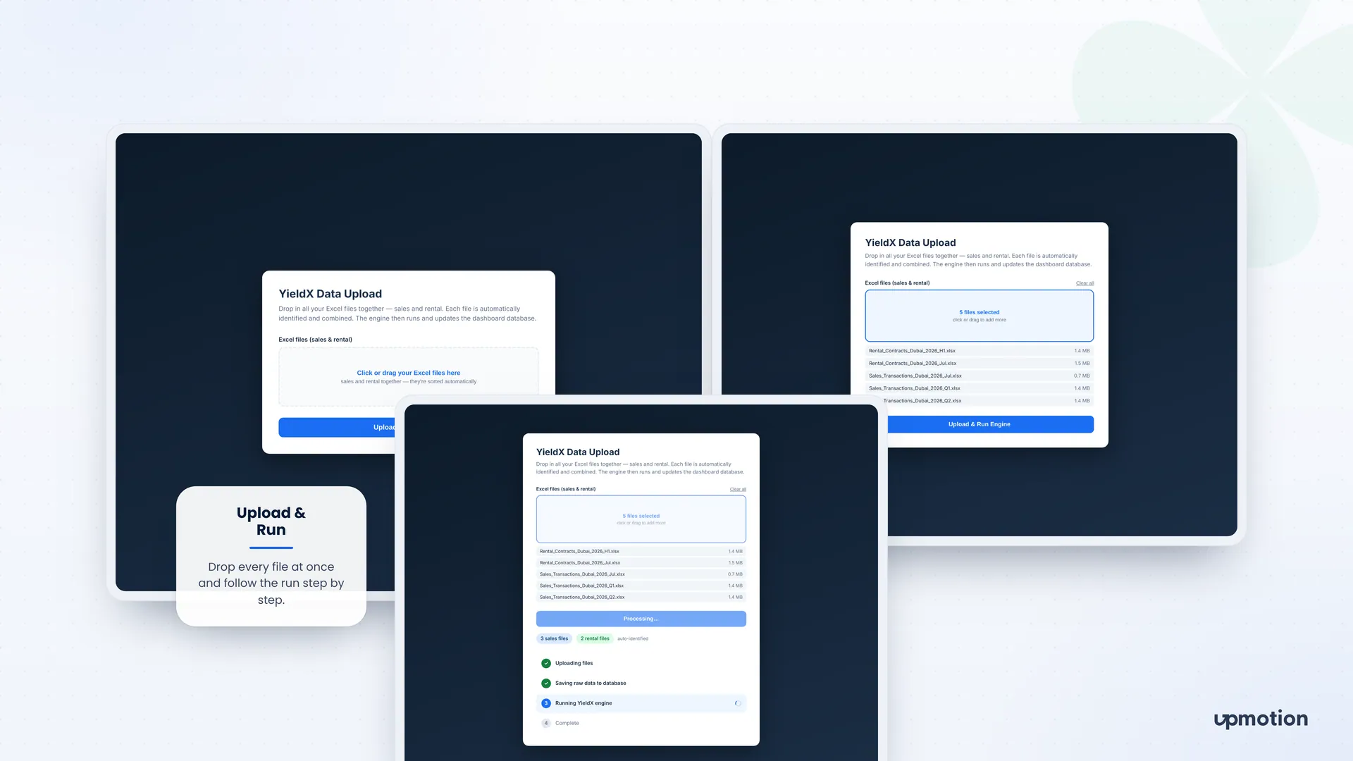 YieldX upload panel states: empty drop zone, files selected and engine processing